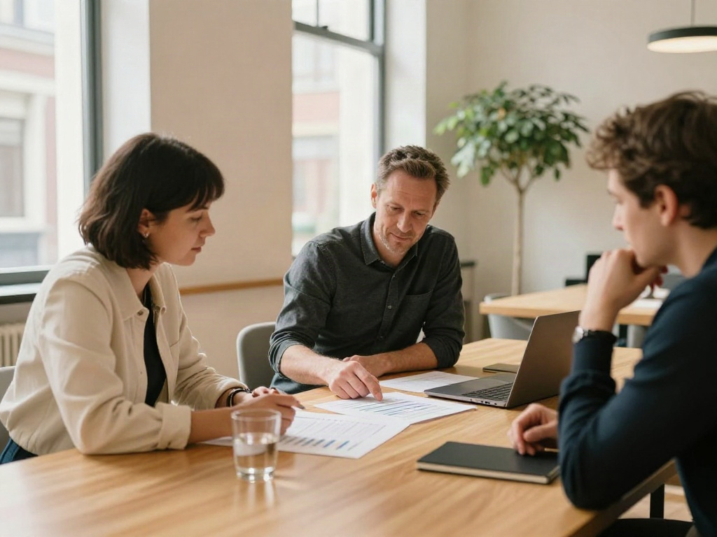 Professionals discussing business performance reports during a focused strategy review