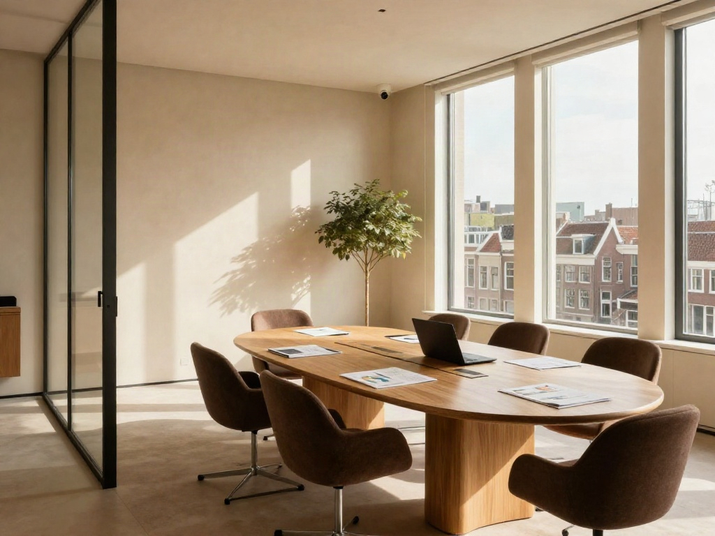 A sunlit contemporary meeting room with business reports on an oak conference table
